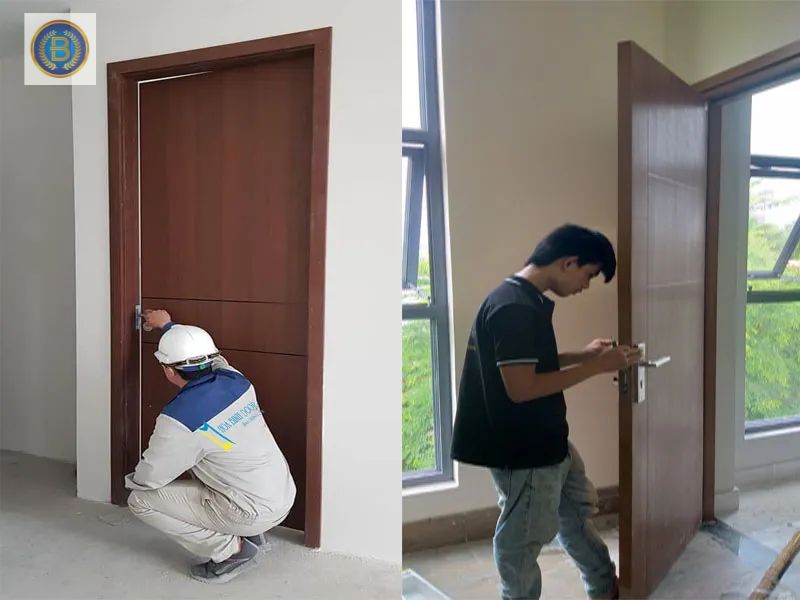 Thợ đang tiến hành lắp đặt cửa nhựa hoàn thiện cho khách Thợ đang tiến hành lắp đặt cửa nhựa hoàn thiện cho khách